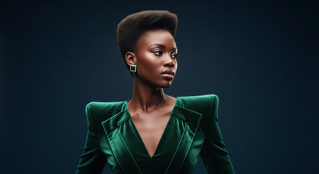 stylish african american woman in green jacket on dark backgroundの素材