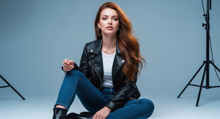beautiful young woman in leather jacket sitting on floor and looking away isolated on greyの素材