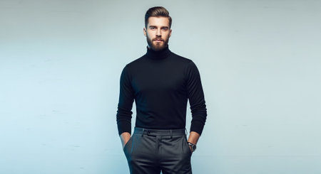 Portrait of a handsome young man in black turtleneck sweater, studio shotの素材