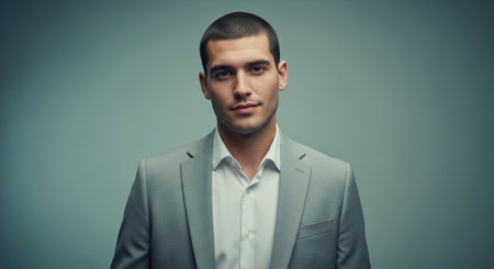 Portrait of a handsome young man in a suit on gray backgroundの素材
