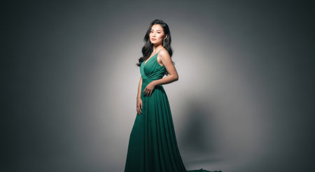 Fashion shot of a beautiful asian woman in green dress.の素材