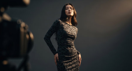 Fashionable young woman in a black evening dress posing in the studio.の素材