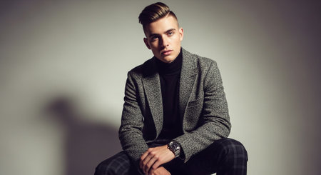 Elegant young handsome man in a gray jacket. Studio fashion portrait.の素材