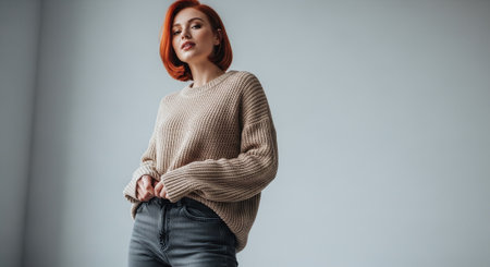Portrait of a beautiful young woman with red hair in a beige sweaterの素材