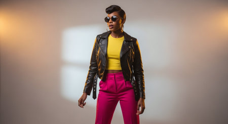 fashionable african american woman in sunglasses and leather jacket posing on greyの素材