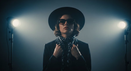stylish woman in hat and sunglasses looking at camera in dark roomの素材