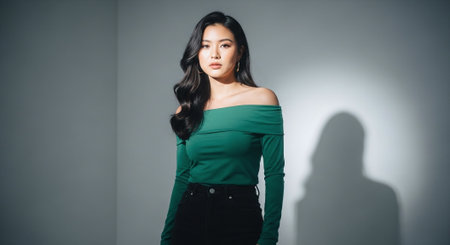 Portrait of a beautiful asian woman in green dress on grey backgroundの素材