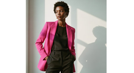 Fashionable african american woman in pink suit posing on white backgroundの素材