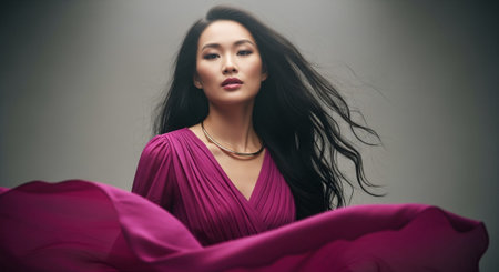 Portrait of a beautiful asian woman in pink dress on a gray backgroundの素材