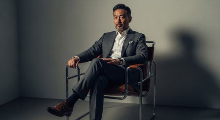 handsome asian businessman in suit sitting on chair and looking at cameraの素材