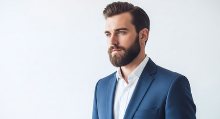 Portrait of handsome young man in suit, isolated on white backgroundの素材
