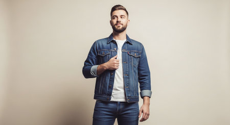 Handsome young man in a denim jacket on a gray backgroundの素材