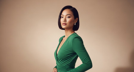 Portrait of a beautiful young asian woman in green dress.の素材