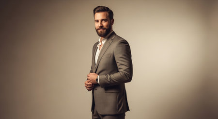 Portrait of a handsome bearded man in suit on gray background.の素材
