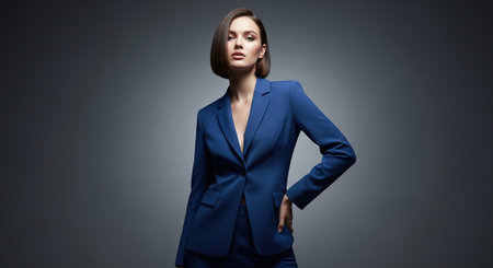 Portrait of a beautiful woman in a blue suit on a gray backgroundの素材