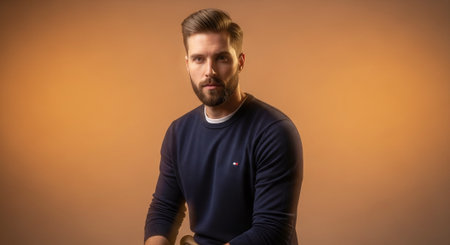 Portrait of a handsome young man with a beard on a brown backgroundの素材