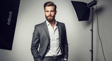 Portrait of a handsome young man in suit posing in photo studio.の素材