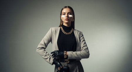Fashionable young woman posing in studio. Beauty, fashion.の素材