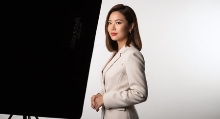 Portrait of beautiful asian businesswoman with blackboard on white backgroundの素材