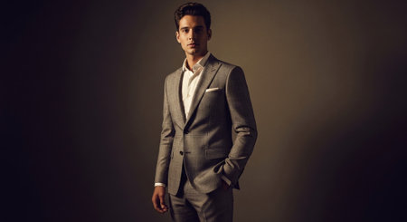 Handsome young man in grey suit posing on dark background.の素材