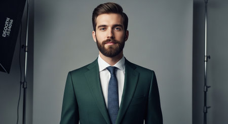 portrait of handsome young man in suit looking at camera in photo studioの素材