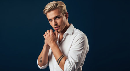 Portrait of a handsome young man in a white shirt. Men's beauty, fashion.の素材