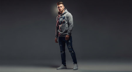 Full length portrait of a handsome young man in casual clothes posing in studio.の素材