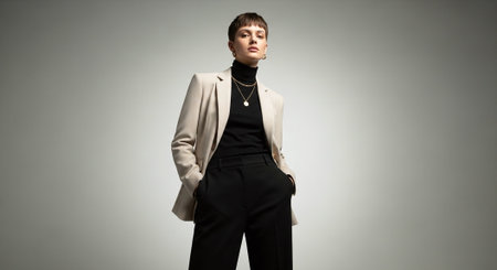 Fashionable young woman in a beige suit posing on a gray backgroundの素材