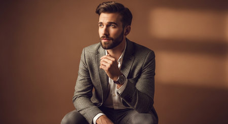 portrait of handsome bearded businessman in suit looking at camera on brown backgroundの素材