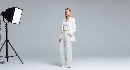 attractive blonde woman in white suit posing in photo studio, isolated on greyの素材