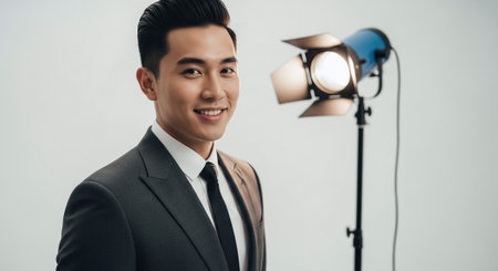 Portrait of young asian man in suit and professional lighting equipmentの素材