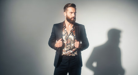Handsome young man with long beard and mustache posing in studioの素材