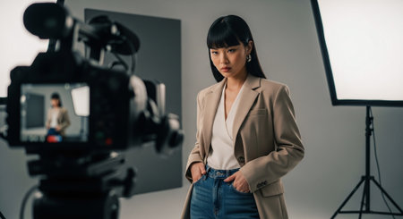 attractive asian fashion blogger looking at camera and recording video in studioの素材