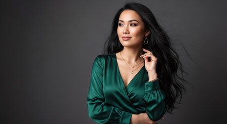 Portrait of a beautiful brunette woman in a green dress on a gray backgroundの素材