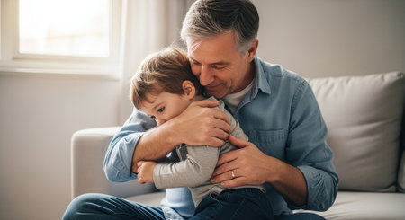 Cute little boy is hugging his father and smiling while sitting on sofa at homeの素材