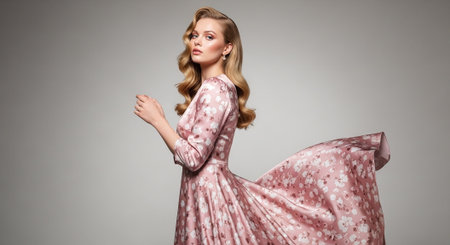 Beautiful young woman in a long pink dress. Studio shot on gray background.の素材