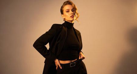 Portrait of a beautiful young woman in a black coat. Studio shot.の素材