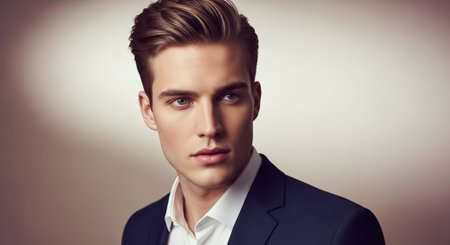 Portrait of handsome young man in black suit. Studio shot.の素材