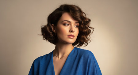 Portrait of beautiful young woman with curly hairstyle in blue sweaterの素材