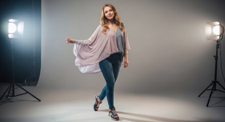 beautiful young woman in stylish clothes dancing in studio, on greyの素材