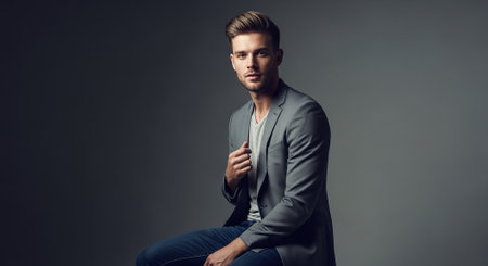 Portrait of a handsome young man in a gray jacket. Men's beauty, fashion.の素材