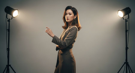 attractive asian businesswoman in formal wear looking at camera in studioの素材