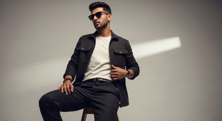 Handsome young man in sunglasses and black jacket sitting on a chairの素材
