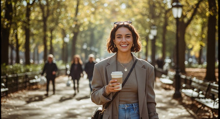 Portrait of a smiling young woman with coffee cup walking in the parkの素材