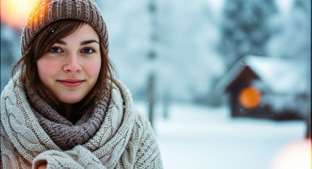 Winter portrait of beautiful young woman in warm sweater and hat looking at cameraの素材
