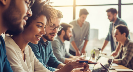 Group of young business people in smart casual wear working together in modern office.の素材