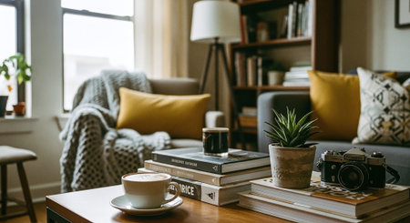 Coffee cup and books on table in living room at homeの素材