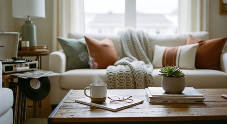 Coffee cup on wooden table in living room with cushionsの素材