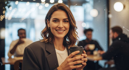 beautiful young businesswoman holding cup of coffee and smiling at cameraの素材
