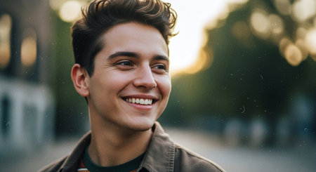 Close-up portrait of a smiling young man on the street.の素材